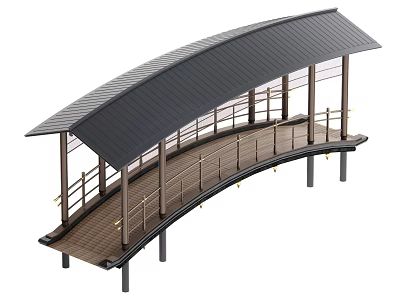Modern Landscape Bridge With Curved Black Roof Brown Deck Railings Supporting Pillars And Decorative Lights 3d model