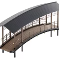 Modern Landscape Bridge With Curved Black Roof Brown Deck Railings Supporting Pillars And Decorative Lights