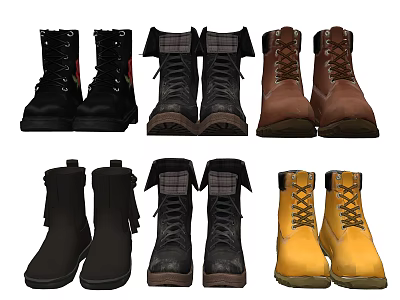 Assorted Stylish Boots In Black Brown Yellow With Laces Fringes And Plaid Details 3d model