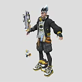 Stylish Character With White Hair Black Jacket And Small Yellow Creature Companion 3d model