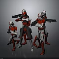 Four Red And White Clone Troopers Holding Weapons In Various Standing Poses 3d model
