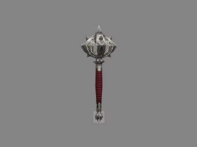 Silver Metal War Hammer With Spiked Head And Red Wrapped Handle Intricate Design 3d model