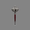 Silver Metal War Hammer With Spiked Head And Red Wrapped Handle Intricate Design