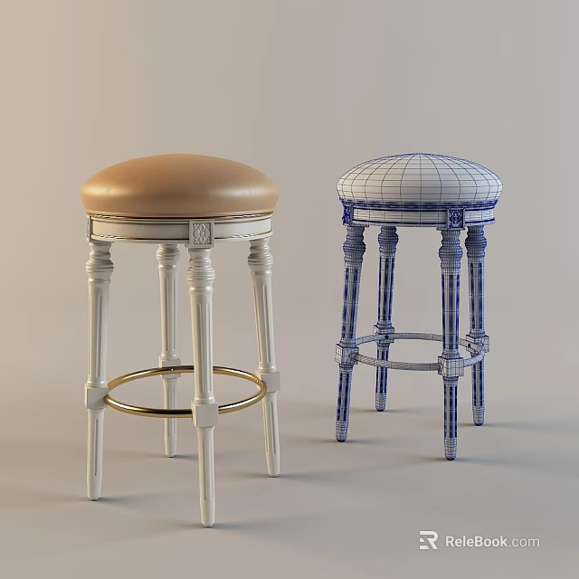 Stylish Bar Stools With Beige Padded Seat And Blue White Checkered Design 3d model 