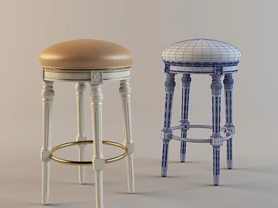 Stylish Bar Stools With Beige Padded Seat And Blue White Checkered Design 3d model