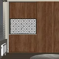 Wooden Kitchen Cabinets With Geometric Pattern Tile Backsplash And Window Blinds