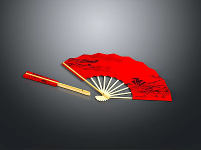 Traditional Red Hand Fan With Golden Ribs And Black Decorative Patterns 3d model