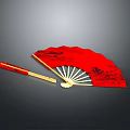 Traditional Red Hand Fan With Golden Ribs And Black Decorative Patterns