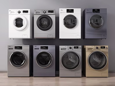 Multiple Front Loading Washing Machines In Various Colors On Display With Sleek Design 3d model