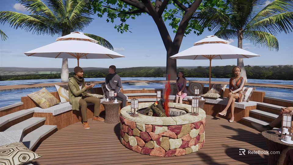 Rural Landscape Riverside Wooden Deck With Stone Fire Pit Cozy Sofas And Large Umbrellas 3d model 