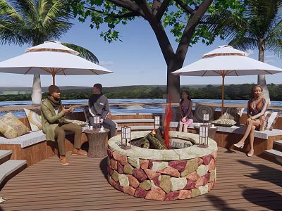 Rural Landscape Riverside Wooden Deck With Stone Fire Pit Cozy Sofas And Large Umbrellas 3d model