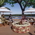 Rural Landscape Riverside Wooden Deck With Stone Fire Pit Cozy Sofas And Large Umbrellas