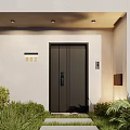 Stylish House Entrance With Black Door House Number 802 Green Plants And Ceiling Lighting