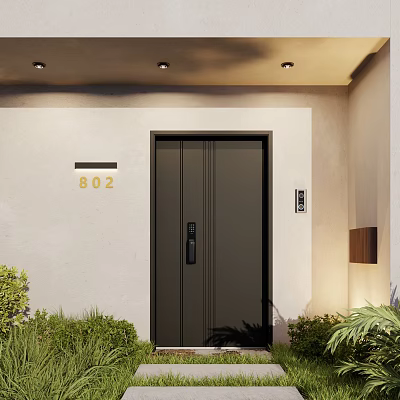 Stylish House Entrance With Black Door House Number 802 Green Plants And Ceiling Lighting 3d model