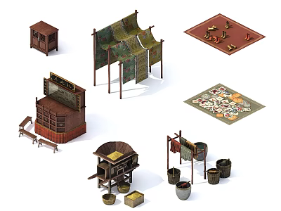 Traditional Ancient Market Elements Including Pavilions Stalls Cabinets Carpets And Buckets 3d model