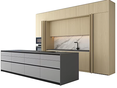 Modern Kitchen Featuring Light Wood Cabinets Black Gray Island And Marble Backsplash 3d model