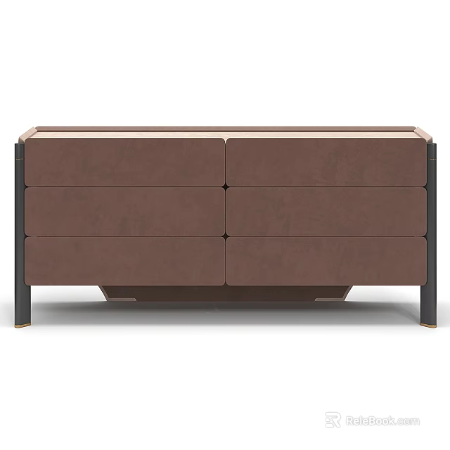 Modern Brown Leather Sideboard Featuring Multiple Drawers And Black Metal Legs 3d model 