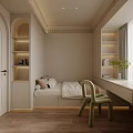 Cozy Kids Room Interior With Beige Cabinets Bookshelves Window White Curtains And Green Plants