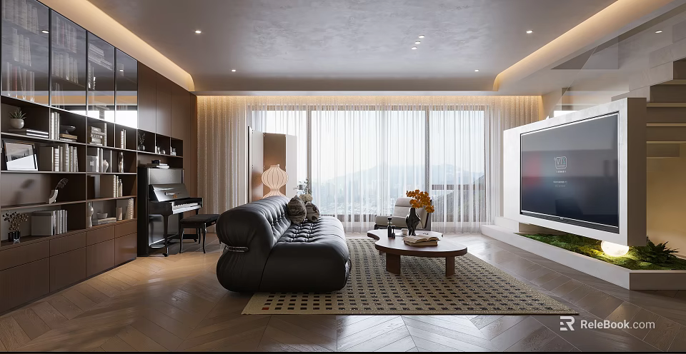 Modern Living Dining Room Interior Design With Black Leather Sofa Coffee Table And Large Windows 3d model 