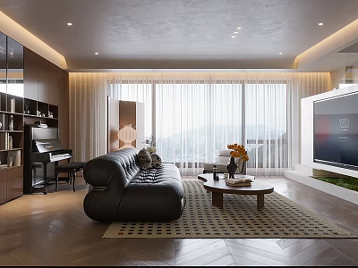 Modern Living Dining Room Interior Design With Black Leather Sofa Coffee Table And Large Windows 3d model