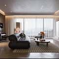 Modern Living Dining Room Interior Design With Black Leather Sofa Coffee Table And Large Windows