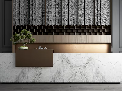 Elegant Reception Desk With White Marble Countertop Wooden Grid And Vertical Striped Wall 3d model