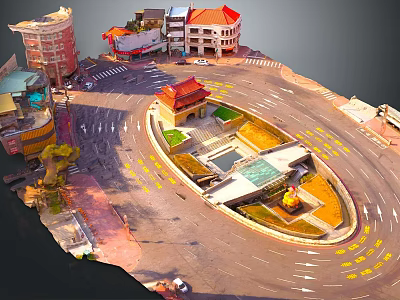 Cartoon City Street Corner Scene With Roundabout Roads And Colorful Buildings Aerial View 3d model