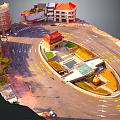 Cartoon City Street Corner Scene With Roundabout Roads And Colorful Buildings Aerial View