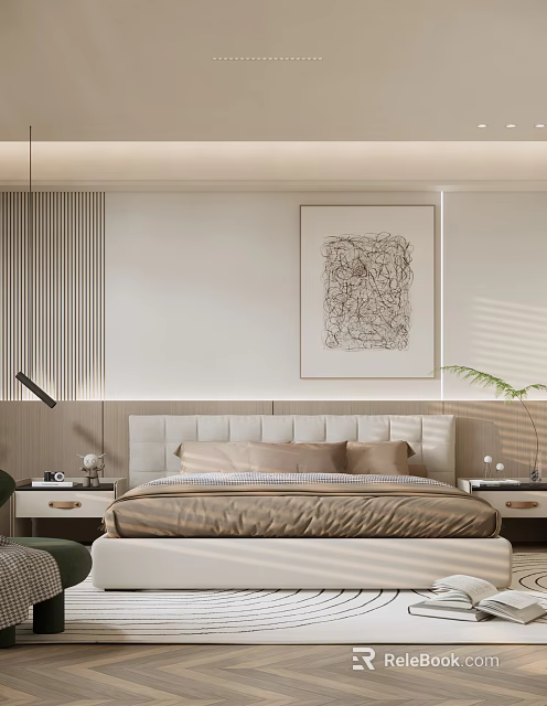 Modern Bedroom Interior With Upholstered Bed Abstract Wall Art Pendant Light And Green Plant 3d model 