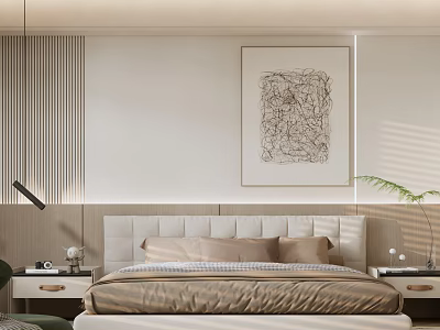 Modern Bedroom Interior With Upholstered Bed Abstract Wall Art Pendant Light And Green Plant 3d model