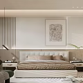 Modern Bedroom Interior With Upholstered Bed Abstract Wall Art Pendant Light And Green Plant