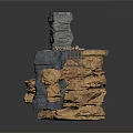 3D Scene Structure With Golden Gray Black Rocks And Metal Bridge Platform