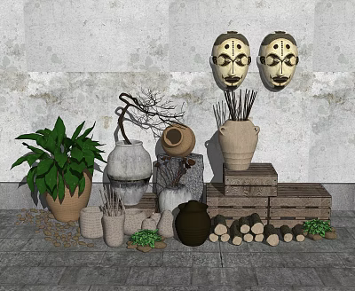 New Chinese style landscape sketch ornaments wood pottery jar facial makeup combination 3d model