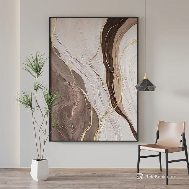 Abstract Wall Art With Brown Beige Gold Wavy Lines Potted Plant Chair And Pendant Light 3d model 
