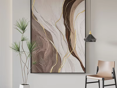 Abstract Wall Art With Brown Beige Gold Wavy Lines Potted Plant Chair And Pendant Light 3d model