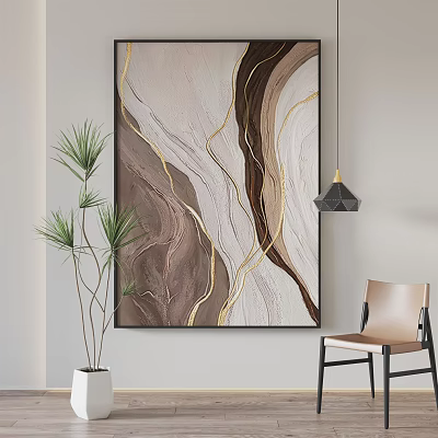 Abstract Wall Art With Brown Beige Gold Wavy Lines Potted Plant Chair And Pendant Light 3d model