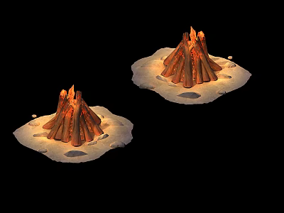 Two Burning Campfires With White Circular Bases On Black Background Scene 3d model