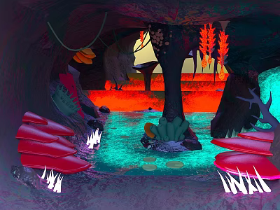 Vibrant Cartoon Scene With Glowing Mushrooms Water Area And Fantastic Plants In Cave Environment 3d model