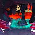Vibrant Cartoon Scene With Glowing Mushrooms Water Area And Fantastic Plants In Cave Environment