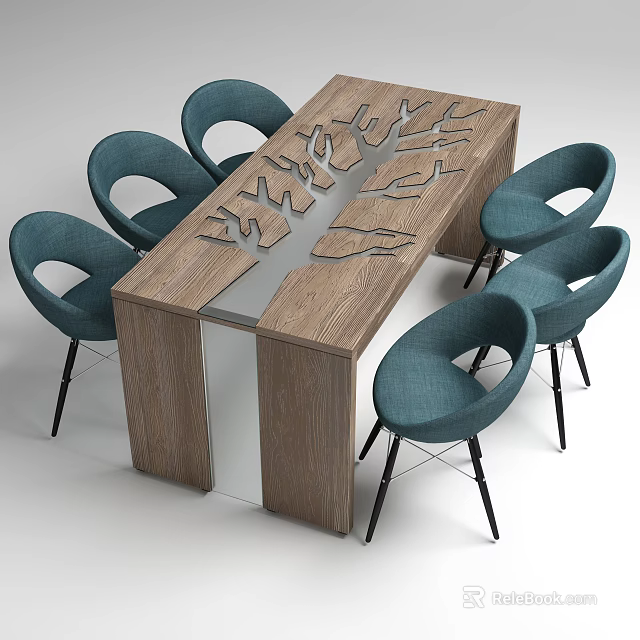 Wooden Dining Table Set With Tree Pattern Cutout And Six Blue Upholstered Chairs 3d model