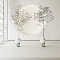 Two Bonsai Plants In Beige Pots With Metal Stands Near Round Mirror Modern White Interior