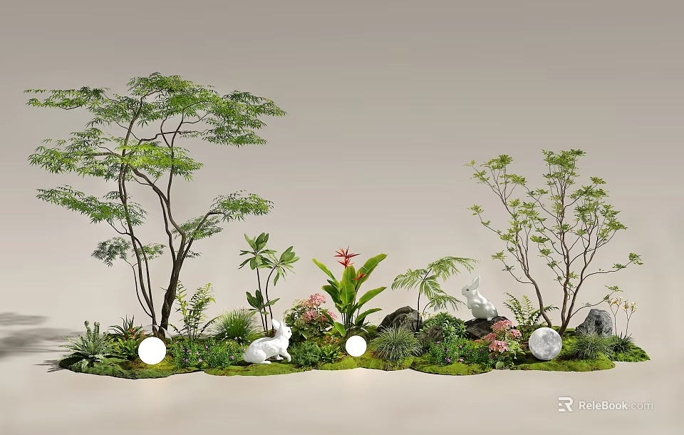 Indoor Landscape with Trees Green Plants White Rabbit Statues Round White Lights and Mossy Stones 3d model 
