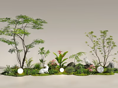 Indoor Landscape with Trees Green Plants White Rabbit Statues Round White Lights and Mossy Stones 3d model