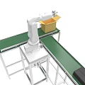 Industrial Conveyor Belt System With Robotic Arm Black Blocks And Open Cardboard Box