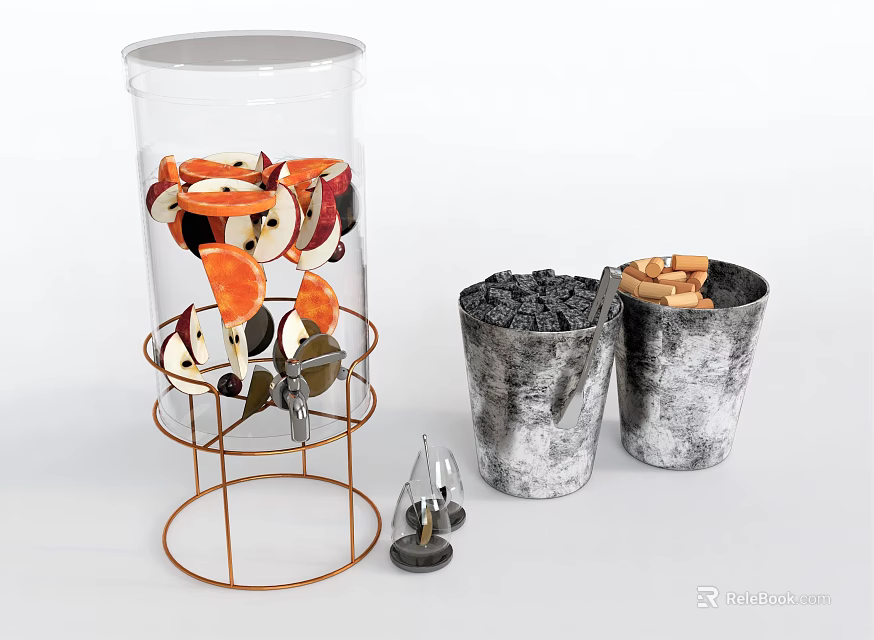 Household Living Items Transparent Container On Metal Stand With Metal Buckets Wooden Blocks Black Fillers 3d model 