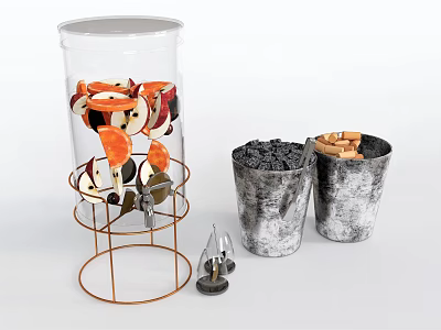 Household Living Items Transparent Container On Metal Stand With Metal Buckets Wooden Blocks Black Fillers 3d model