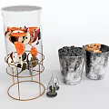 Household Living Items Transparent Container On Metal Stand With Metal Buckets Wooden Blocks Black Fillers
