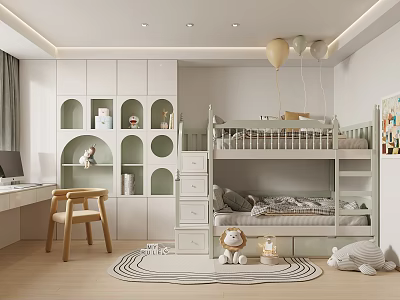 Kids Room Interior With Bunk Bed Desk Chair Storage Cabinets And Stuffed Toys 3d model