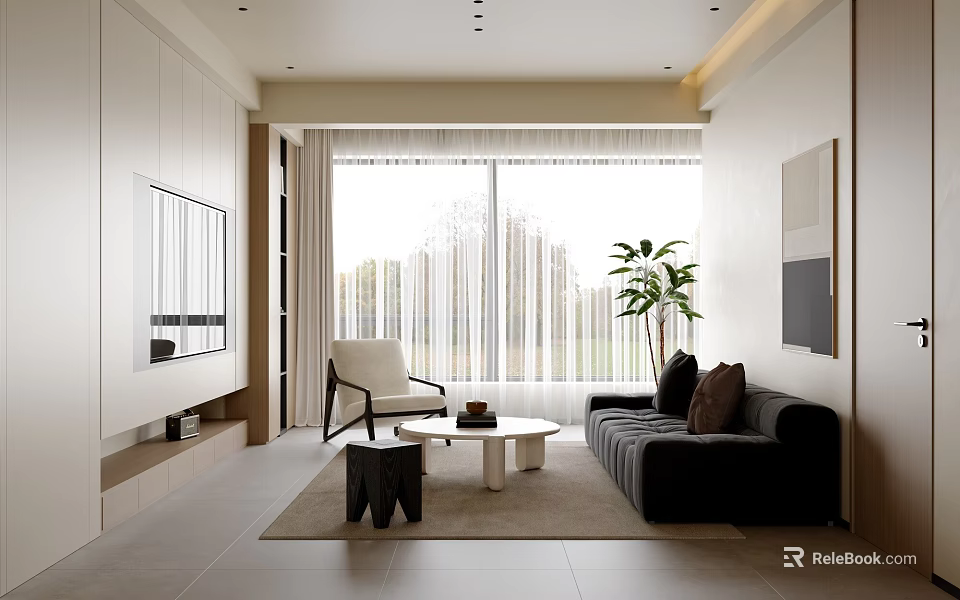 Modern Living Room Interior With Large Window Black Sofa White Chair And Plant 3d model 