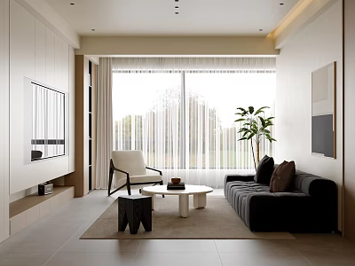Modern Living Room Interior With Large Window Black Sofa White Chair And Plant 3d model
